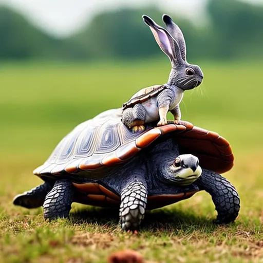 Prompt: Turtle Riding a Rabbit off into the distance

