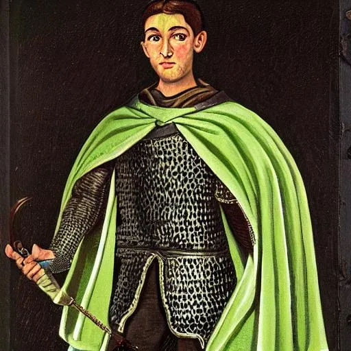 Prompt: portrait of a young man, chainmail armor, spear, green cape, very detailed 