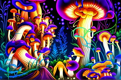 Prompt: Psychedelic illustration of vibrant psilocybe mushrooms, swirling patterns and intense colors, surreal and dreamlike atmosphere, high detailed, artstyle-psychedelic, vibrant colors, swirling patterns, surreal atmosphere, dreamlike, detailed mushrooms, intense colors, professional, atmospheric lighting