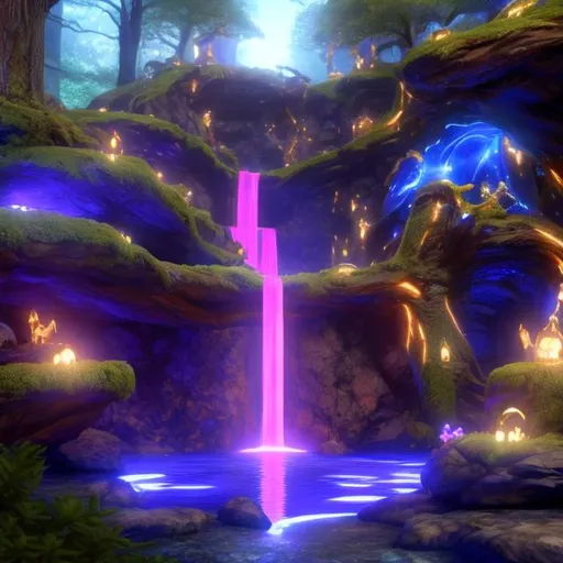 Prompt: Envision a glowing waterfall in a lush forest. Fantasy, another dimension. Hyperrealistic, UHD, HD, 8K, a portal rests besides the river