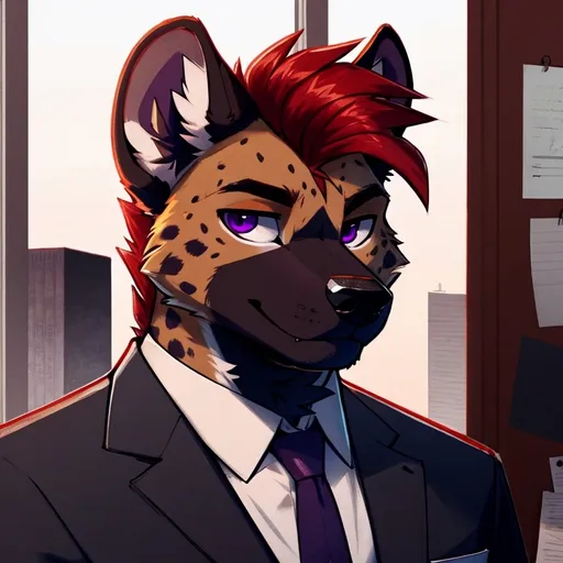 Prompt: score_9, score_8_up, score_8, solo, anthro, male, (by_keavemind), hyena, portrait, office location, formal suit, purple eyes, black and red hairstyle