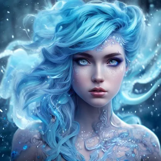 Prompt: fantasy, magical, blue hair, ultra detailed artistic photography, ice, midnight aura, full-body, night sky, detailed gorgeous face, dreamy, glowing, glamour, glimmer, shadows, smooth, ultra high definition
