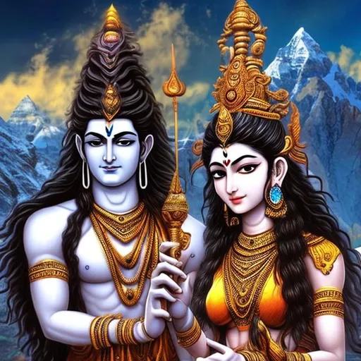 Prompt: Mahadev And Parvati, Anime Style , Hyper Realistic ,Mystical Mountains of Kailash ,loving couple ,Shiva muscular body, Shiva holding his iconic Trisula , Parvati with  beautiful detailed face, sparkles, pretty eyes, (high detailed skin:1.2),Parvati holding her iconic Trisula.