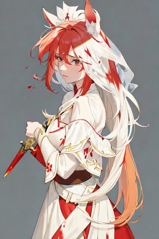 Prompt: Haley as a horse girl with bright red side-swept hair, crying, holding a dagger, covered in blood, wearing a blood stained red and gold wedding gown