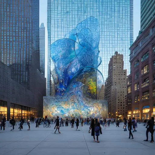 Prompt: at dusk, huge public art, modern art, in manhattan, big, blue, layered glasses, random square, tall, wave form, complicated, detailed art with glass, rounded art, in front of the building, people walking by the art, people can walk inside