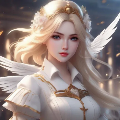 Prompt: 3d anime woman angelic blonde hair and white dress with a knife and beautiful pretty art 4k full HD