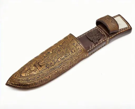 Prompt: An intricate carved leather hunting knife sheath with Egyptian  cartouches, scarabs. and gods