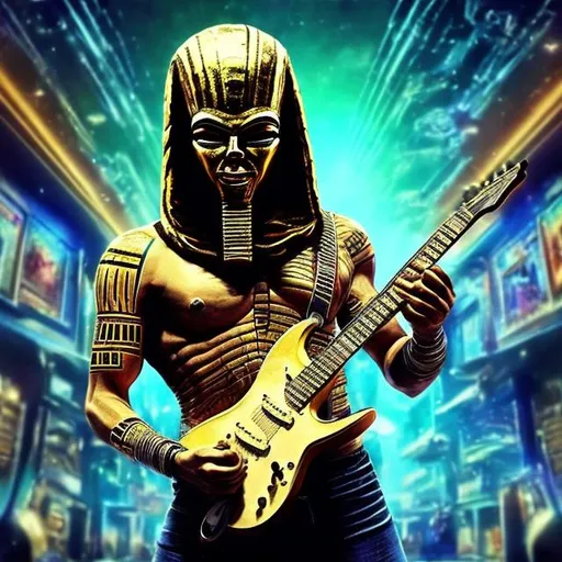 Prompt: Bodybuilding Tutankhamun mask playing guitar for tips in a busy alien mall, widescreen, infinity vanishing point, galaxy background