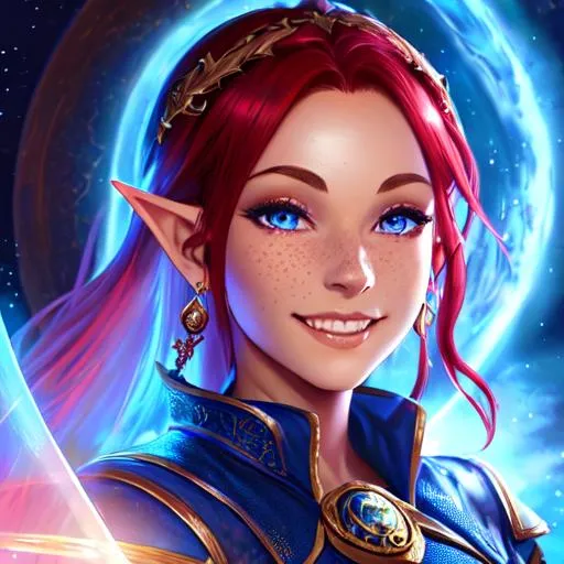Prompt: oil painting, D&D fantasy, deep blue-skinned-elf girl, deep blue-skinned-female with freckles, slender, beautiful, short bright red hair, wavy hair, smiling, pointed ears, looking at the viewer, cleric wearing intricate adventurer outfit, #3238, UHD, hd , 8k eyes, detailed face, big anime dreamy eyes, 8k eyes, intricate details, insanely detailed, masterpiece, cinematic lighting, 8k, complementary colors, golden ratio, octane render, volumetric lighting, unreal 5, artwork, concept art, cover, top model, light on hair colorful glamourous hyperdetailed medieval city background, intricate hyperdetailed breathtaking colorful glamorous scenic view landscape, ultra-fine details, hyper-focused, deep colors, dramatic lighting, ambient lighting god rays, flowers, garden | by sakimi chan, artgerm, wlop, pixiv, tumblr, instagram, deviantart