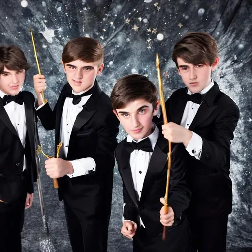 Prompt: 13 year old magic brothers in tuxedos casting a spells with there magic wands