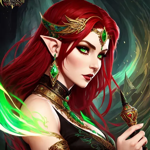 Splash art of beautiful female elf sorceress, red ha...