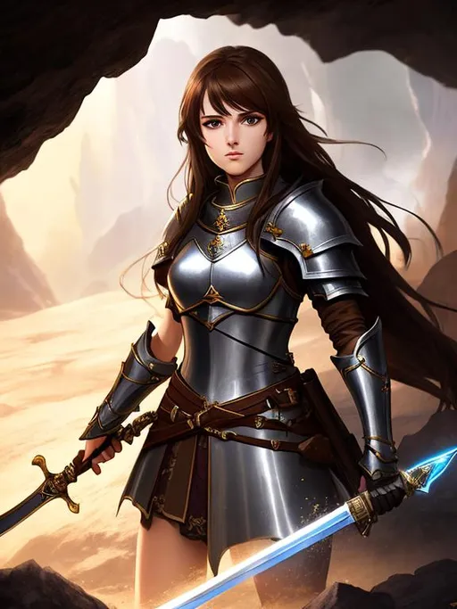 Prompt: A female knight with brown hair holding a sword in a cave, epic, dark fantasy, pose, 8k, HD, vibrant, high detail, cinematic, gritty, ethereal, full body, elspeth tirel, anime style, perfect face, anime aesthetic, anime, cave 