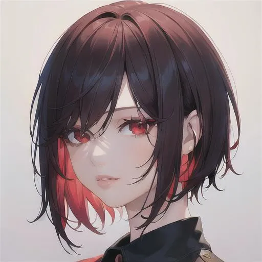 Prompt: (masterpiece, illustration, best quality:1.2), head titled sideways, in a red ocean, short trimmed black hair, red eyes, best quality face, best quality, best quality skin, best quality eyes, best quality lips, ultra-detailed eyes, ultra-detailed hair, ultra-detailed, illustration, colorful, soft glow, 1 girl