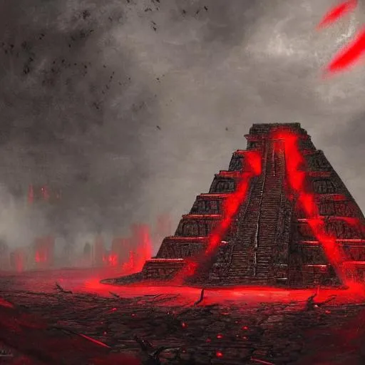 Prompt: inside Aztec temple, sacrificial, dark fantasy, cinematic, highly detailed, digital matte painting, artstation, concept art, sharp focus, illustration, red, bloody, horror