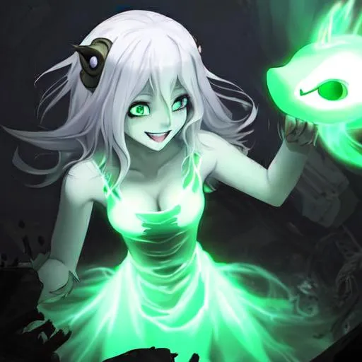 Prompt: female dark depths ghost character, anime style, glowing white eyes without pupils,  body with no legs, floating, glowing wide smile, angler fish light coming out of her head, green dress, in shipwreck