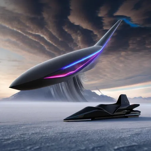 Prompt: Sleek hypersonic launch sled on an electromagnetic rail, LOX/LOH clouds erupting at the back, salt flat landscape, 15-degree shroud with hypersonic scram jet, high-speed transportation, futuristic, detailed design, professional rendering, high-res, ultra-detailed, sleek design, hypersonic, electromagnetic rail, exhaust clouds coming from sled, salt flats, scram jet, professional, futuristic, realistic 
