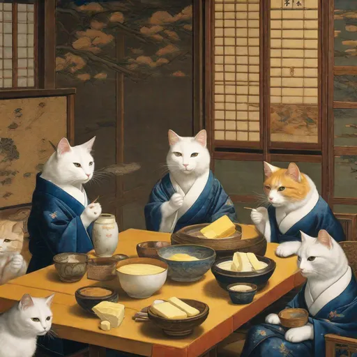 Prompt: 15th Century Japanese painting of a cats in business clothing sitting around a table eating butter and discussing business. Exquisite Detail Everything is perfectly to scale, Aesthetically Brilliant with a cool ambience HD, UHD, 8k Resolution, Vibrant Colorful Award winning 