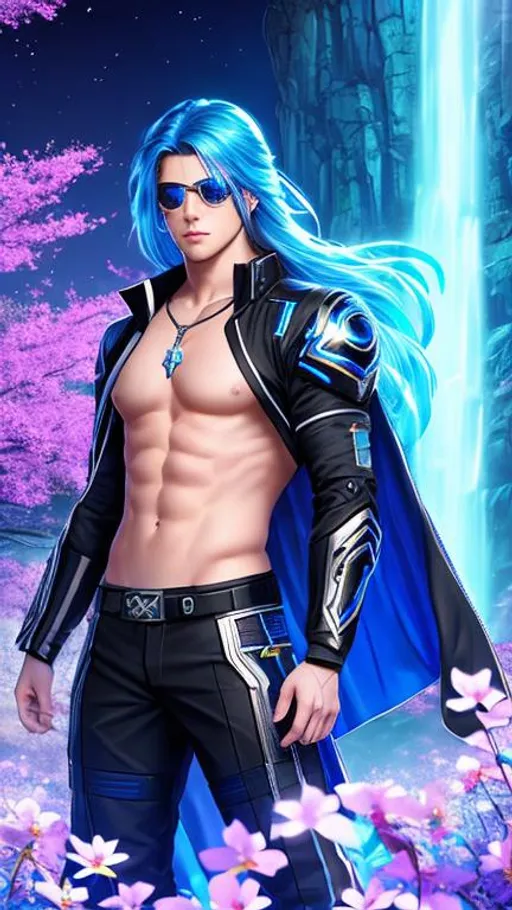 Prompt: Young male cyborg,blue eyes, long  hair, UHD, 8k, he has an eye patch, side view, muscular body, very real, Very detailed, panned out, 32k, his face is visible, waterfall in flower meadow background,neon lights, full body