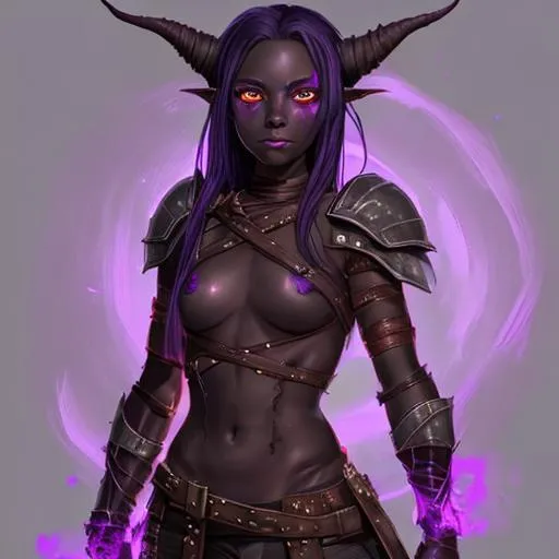 Prompt: Portrait of a beautiful, shy, sad, innocent, young, adolescent tiefling girl, very dark ash skin, fiery eyes, tattered leather armor, daggers emit a purple glow
