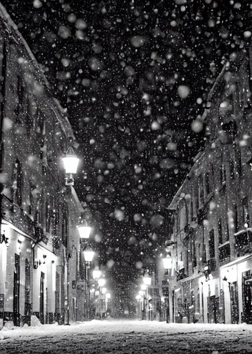 Prompt: empty street night winter snowing old town yellow streetlight black and white 