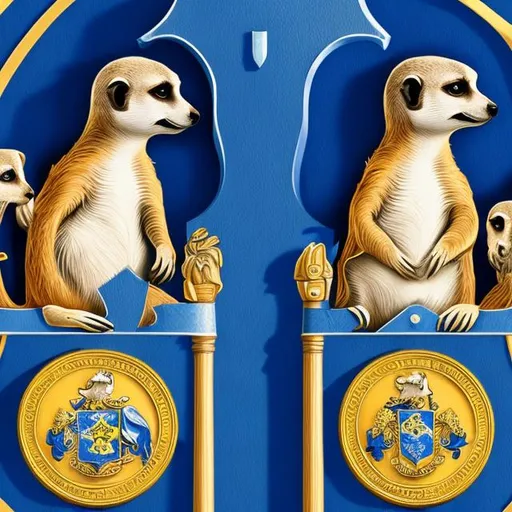 Prompt: Coat of arms, 2 meerkat supporting blue shield on each side, blue shield with gold coins