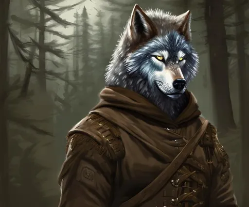 Prompt: Wolf man, brown military uniform, hood, painting, portrait, fantasy