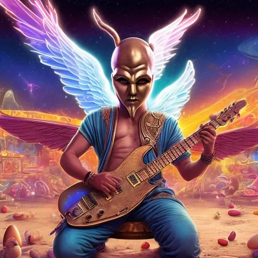 Prompt: Winged Genie of Nimrud playing a double-necked Guitar for spare change in a busy alien mall, widescreen, infinity vanishing point, galaxy background, surprise easter egg