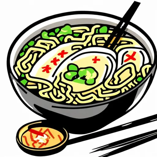 Prompt: a clip art ramen noodle bowl with chopsticks and the bowl has the words "ramens got game" all around it
