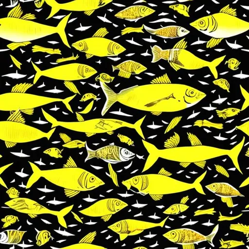 Prompt: fish yellow and black painted repited patterns in old school style

