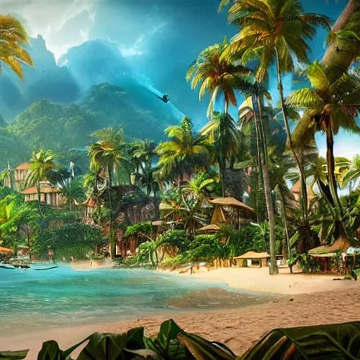 Prompt: a tropical paradise village that resembles the US virgin islands volumetric, bokeh, cinematic, establishing shot, extremly high detail, photo realistic, cinematic lighting, post processed, concept art, artstation, matte painting, style by eddie mendoza, raphael lacoste, alex ross