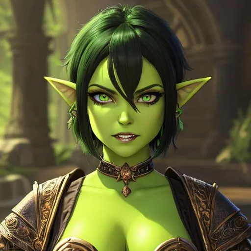 Prompt: oil painting, D&D fantasy, green-skinned-goblin girl, green-skinned-female, small, short black hair, crazy look, pointed ears, fangs, looking at the viewer, thief wearing intricate adventurer outfit, #3238, UHD, hd , 8k eyes, detailed face, big anime dreamy eyes, 8k eyes, intricate details, insanely detailed, masterpiece, cinematic lighting, 8k, complementary colors, golden ratio, octane render, volumetric lighting, unreal 5, artwork, concept art, cover, top model, light on hair colorful glamourous hyperdetailed medieval city background, intricate hyperdetailed breathtaking colorful glamorous scenic view landscape, ultra-fine details, hyper-focused, deep colors, dramatic lighting, ambient lighting god rays, flowers, garden | by sakimi chan, artgerm, wlop, pixiv, tumblr, instagram, deviantart