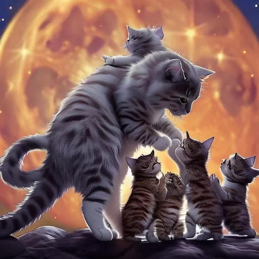 Prompt: a cat dancing on the moon with her 3 babies
