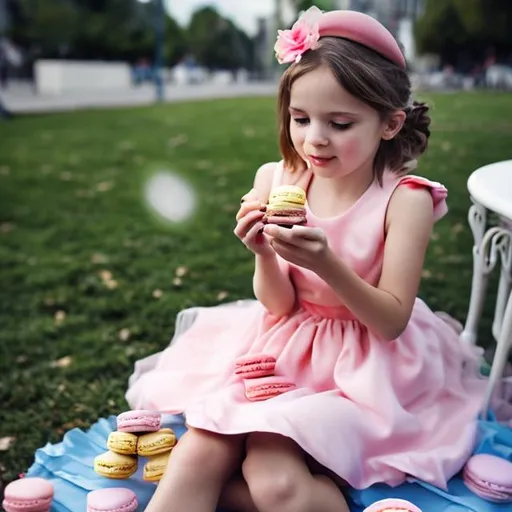 Prompt: A girl in a dress eating macaroons playing on a phone 