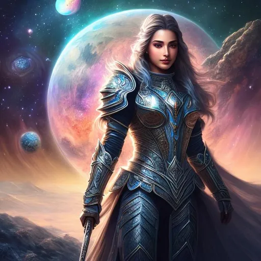 Prompt: beautiful female wearing white plate armor, extremely detailed face, space and planets an nebulae in sky highly detailed, extremely detailed environment, extremely detailed background, intricate, extremely detailed skin, natural colors , professionally color graded, photorealism, 8k, realistic, moody lighting, ambience lighting, complex filigree, cosmos setup, universe setting, galactic environment, romanticism fantasy, seductive mood, detailed face, volumetric lighting