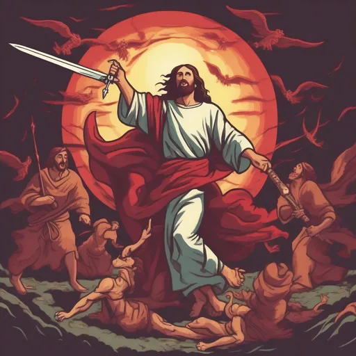 Prompt: Make Jesus holding a sword fighting satan