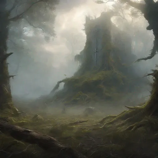 Prompt: masterpiece, 64k, award winning, high resolution, thick fog, forest, fairies, mythological, high fantasy, ethereal, scattered weapons, abandoned battlefield