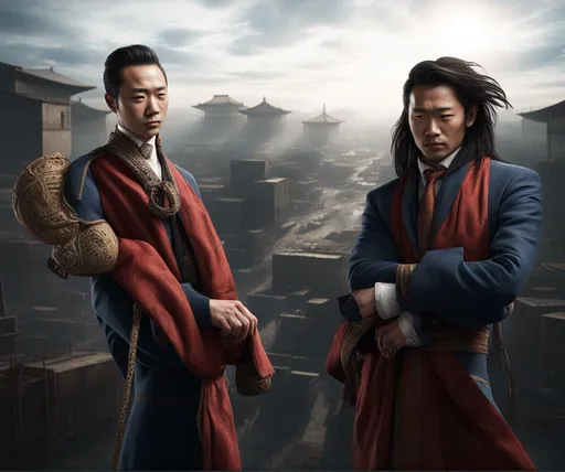 Prompt: A captivating image emerges - an Asian person donning a unique fusion of Eastern and Western attire. Their long necktie adds a touch of formality, while their overcoat robe makes their outfit look similar to a business suit. They radiate strength, resembling a terra cotta warrior in a necktie. The scene is set amidst the backdrop of a warehouse and/or hangar, evoking a realistic and picturesque landscape. The photograph captures the essence of this intriguing blend, inviting viewers to delve deeper into the fusion of cultures.