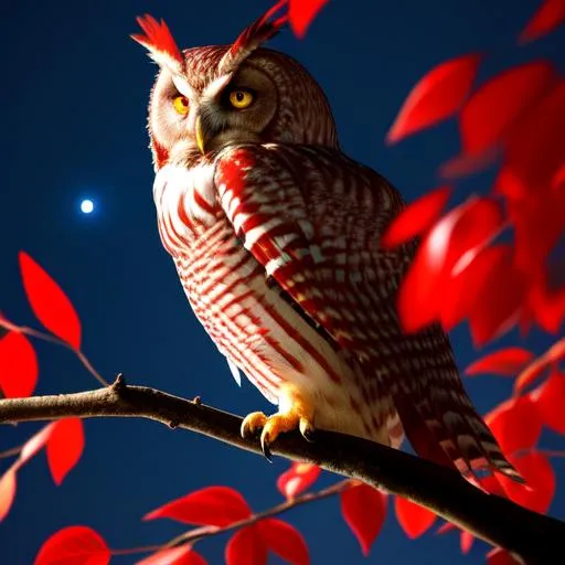 Prompt: A red feathered owl sitting on a tree branch, night scene, blue leaves, side lighting, moon, sharp focus, depth of field,
