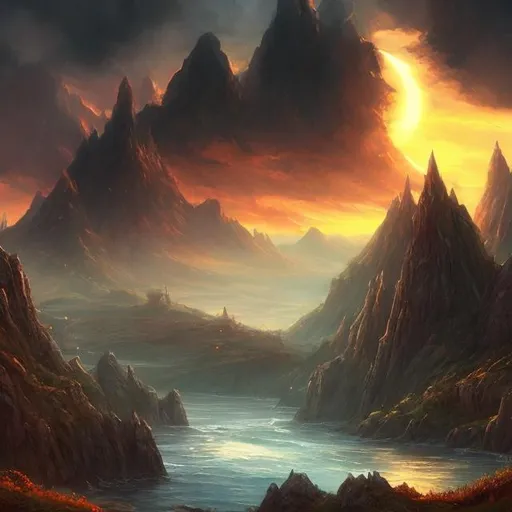 Prompt: Medieval fantasy landscape, sea, sunset, long clouds, harmonious, gradiant, mountains