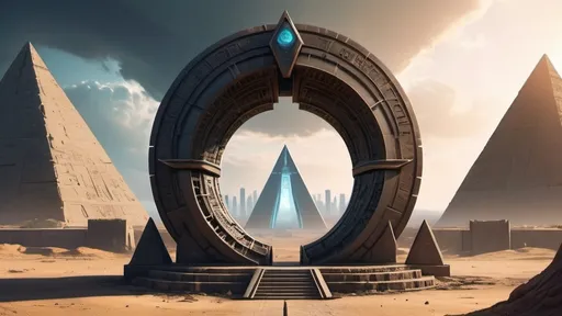 Prompt: circular portal, gateway between cities realms worlds kingdoms, ring standing on edge, freestanding ring, hieroglyphs on ring, complete ring, obelisks, pyramids, panoramic view, cyberpunk utopian setting