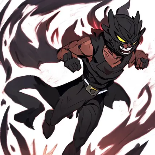 Prompt: Onyx gemstone black character draft style aggressive look happy running in fire