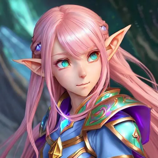 Prompt: female astral elf oath of wile Paladin character concept art and illustration by akihiko yoshida, style of pixar, amazing detailed face closeup, Long plaited pink hair, big beautiful eyes swirl with iridescent colors, wearing traveler's clothes, action, madhouse and kyoani character face, cute, pretty girl, portrait, pixiv, artstation, spectacular details, Volumetric Lighting, Dramatic lighting