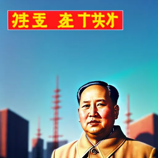 Prompt: 1950s style ad campaign poster for Mao Zedong, Mao Zedong is standing on a girder next to an office tower construction site, vivid colors, advertising poster, cinematic lighting