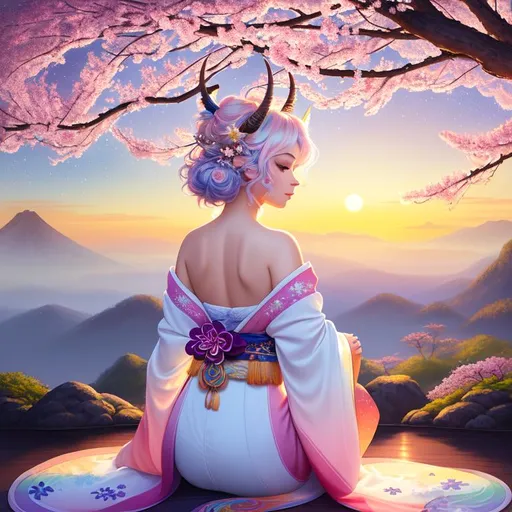 Prompt: painting of a beautiful girl, style of Yoshitaka Amano and Pixar and Bob Ross, (messy pastel hair), arms showing, legs showing, dusk, sunset, ((sunset)), sakura, bioluminescent, veils, (wearing intricate kimono), (white stag horns),  (fluffy white ears), stars, ((yggdrasil in the background)), world tree, night sky, delicate, soft, peach colors, pink colors, silk, threads, ethereal, nebula, galaxy, luminous, ribbons, 3D lighting, soft light