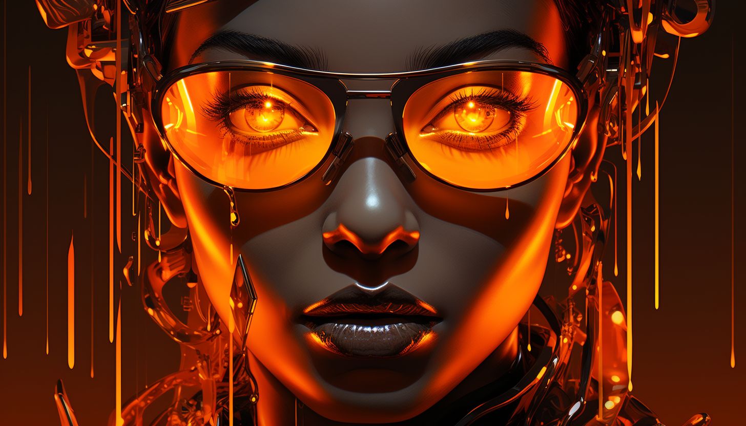 Prompt: art neon neon illustration by lgbtglorious, in the style of dark orange and light gold, wildstyle, hyperrealistic portraiture, 32k uhd, lyon school, dark reflections, detailed line-work