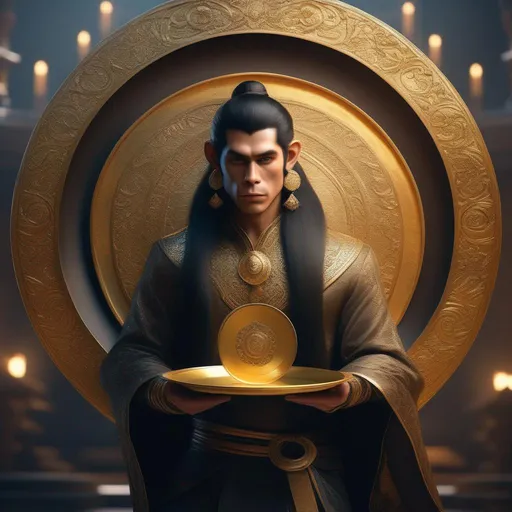 Prompt: HDR, UHD, high res, 64k, cinematic lighting, super detailed fantasy art. a Monkey Servant with long black hair and ponytail, holding a golden plate above his head. perfect hands, 
