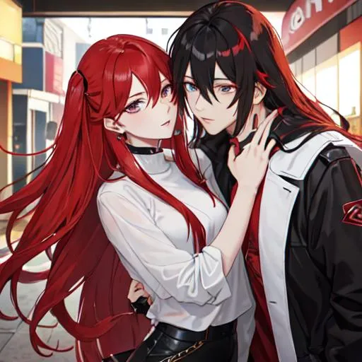 Prompt: Zerif 1male (Red side-swept hair covering his right eye) taking Haley out on a date