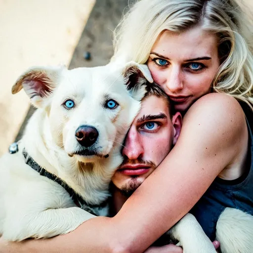 Prompt: a realistic woman hugging a big white dog with her eyes wide open and a blue eyed dog in her lap.