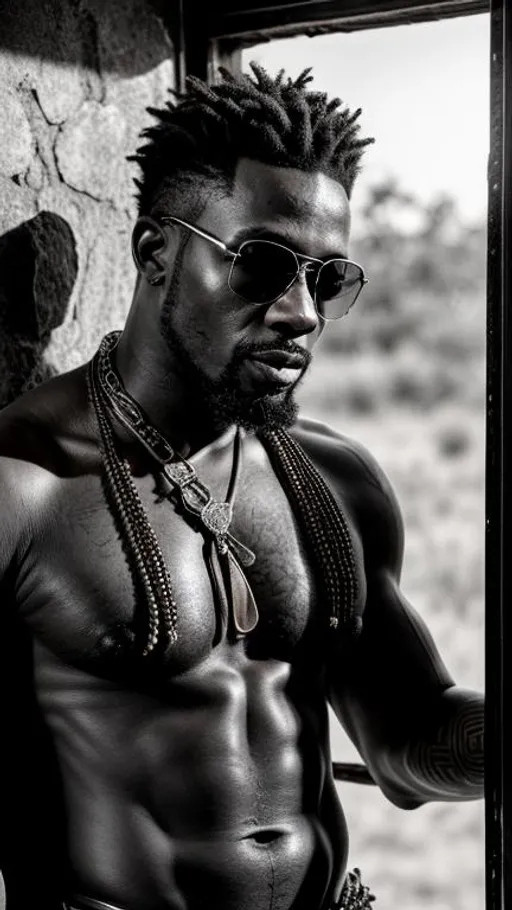 Prompt: Sensual, tattooed, shirtless, rustic african man, wearing sunglasses and a intricate leather harness, in an abandoned place near a window, cinematic, close-up portrait, grayscale, hyperrealistic, hyperdetailed, ambient light, perfect composition, provocative, textured skin, high contrast, profile portrait.