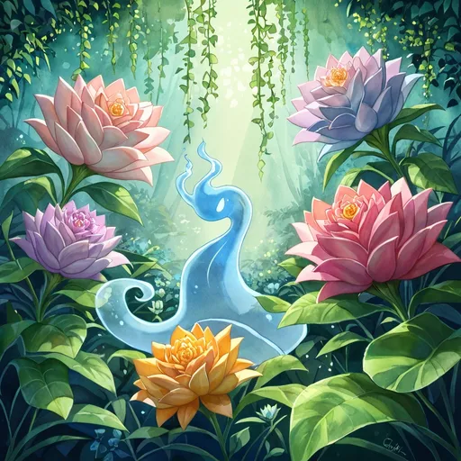 Prompt: (watercolor style), (Faerie Goddess of Peace and Tranquility), ethereal garden filled with ghost flowers, warm color scheme, soft and dreamy light, delicate floral details, serene atmosphere, gentle wisps of mist, harmonious floral arrangements, tranquil emotions radiating, enchanting background with lush greenery, enchanting accents, high quality, ultra-detailed, magical aura surrounding the scene.